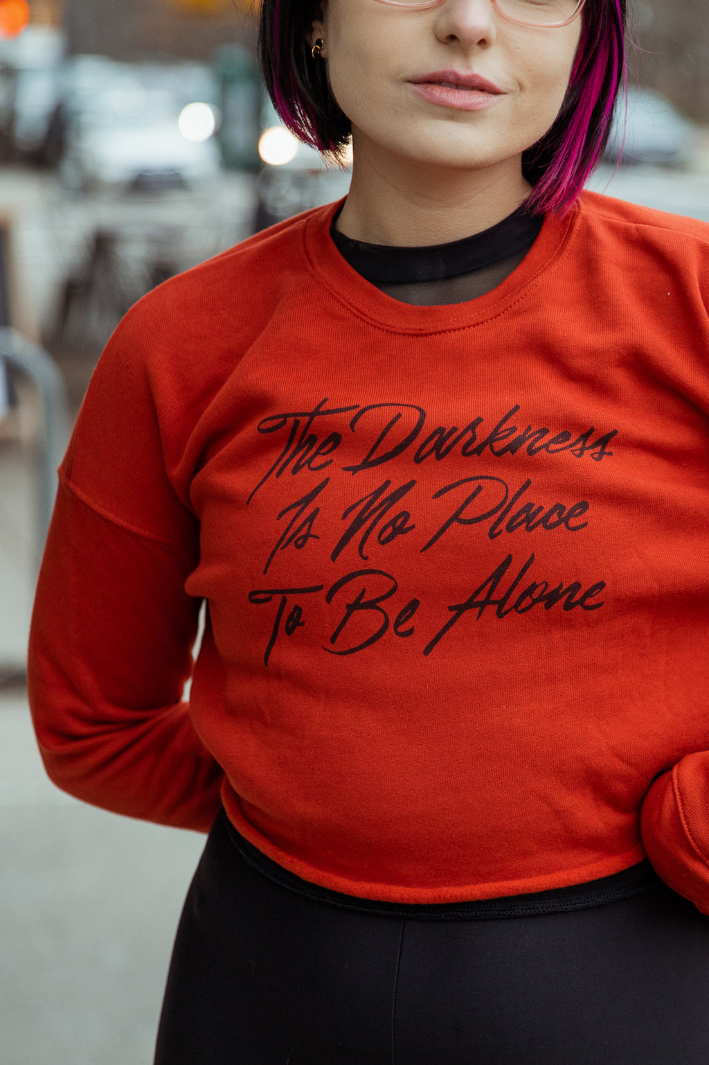 The Darkness is No Place to Be Alone Fitted Crop Sweatshirt | The Invisible Life of Addie LaRue
