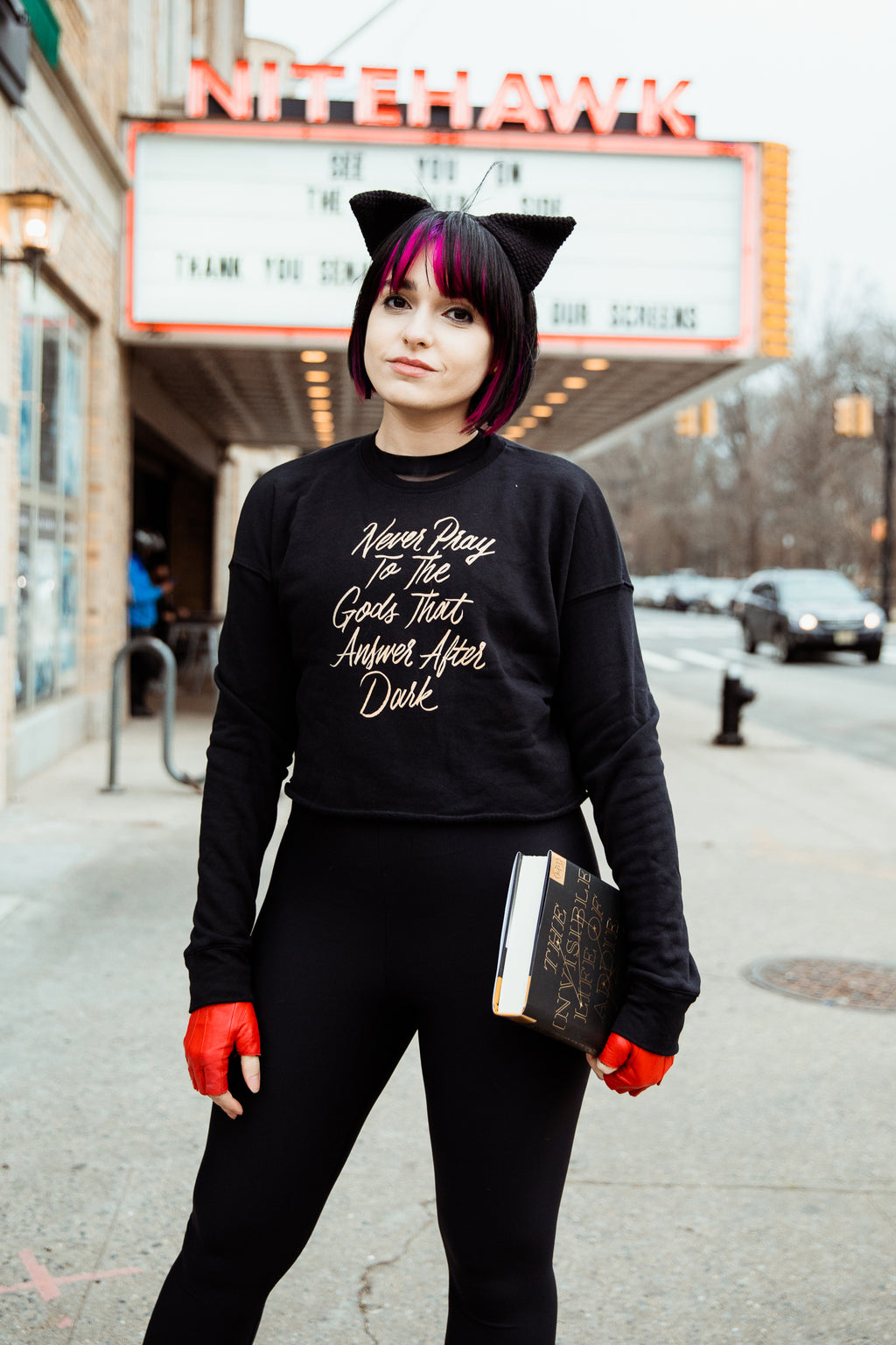 Never Pray to the Gods that Answer After Dark Fitted Crop Sweatshirt | The Invisible Life of Addie LaRue